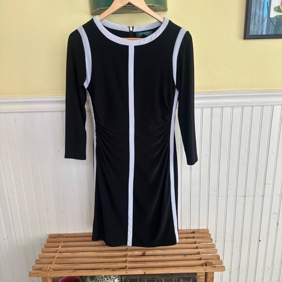 Lauren Ralph Lauren Dresses & Skirts - Black & White Long-Sleeve Sheath Dress With Ruched Waistline & Zipper Closure